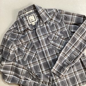 BKE Pearl Snap Shirt‎ Mens Medium Grey Black White Plaid Tartan Buckle Western